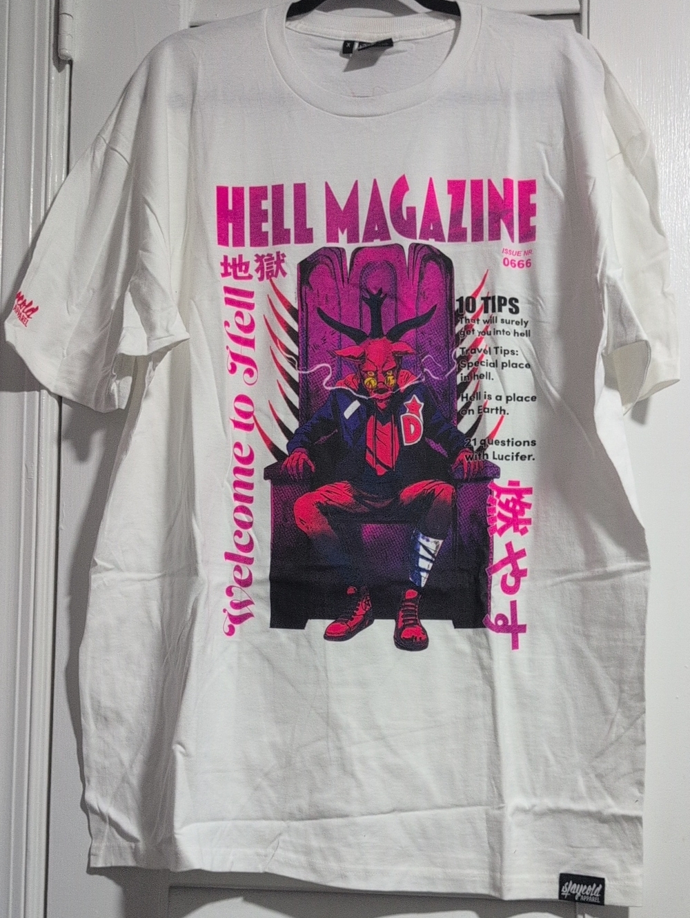 White Stay Cold "Hell Magazine" Graphic Tee with Pink & Black Print, XL